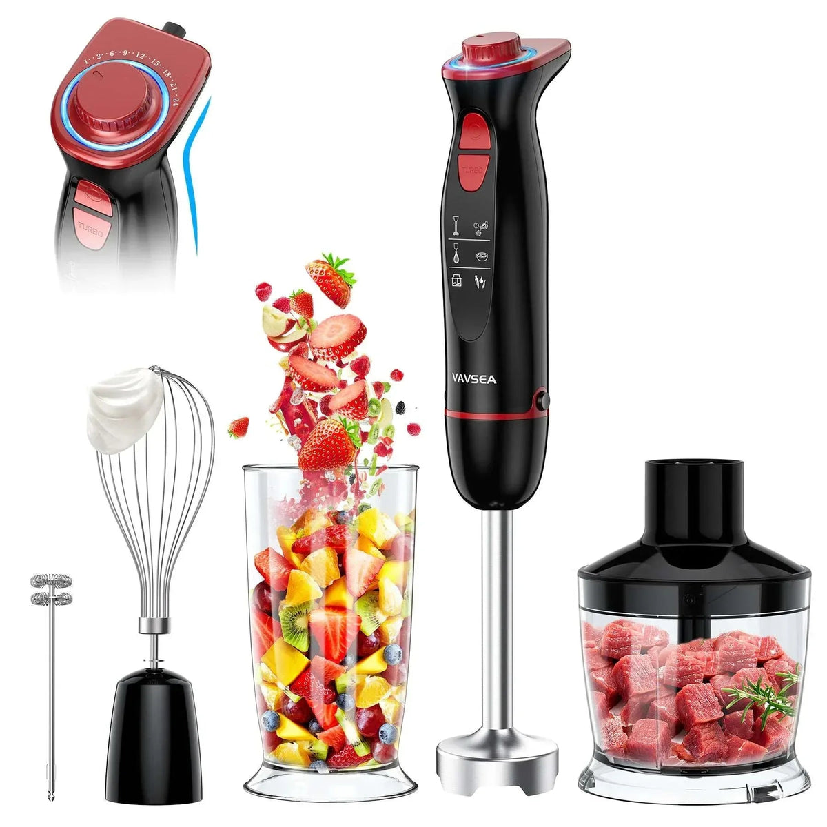 VAVSEA Immersion Blender, 1100W 5-in-1 Hand Blender, 24-Speed Handheld Stick Blender for Kitchen, Chopper, Beaker, Whisk, Milk Frother, for Baby Food Processor/Smoothies, New