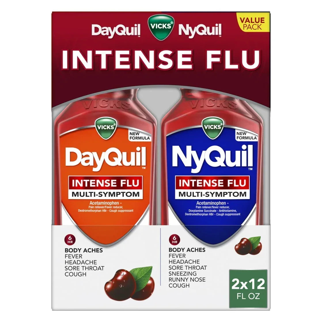 Vicks DayQuil & NyQuil Intense Flu Liquid, Multi-Symptom Relief, Cherry Flavor, Value Pack, 2 x 12 fl oz