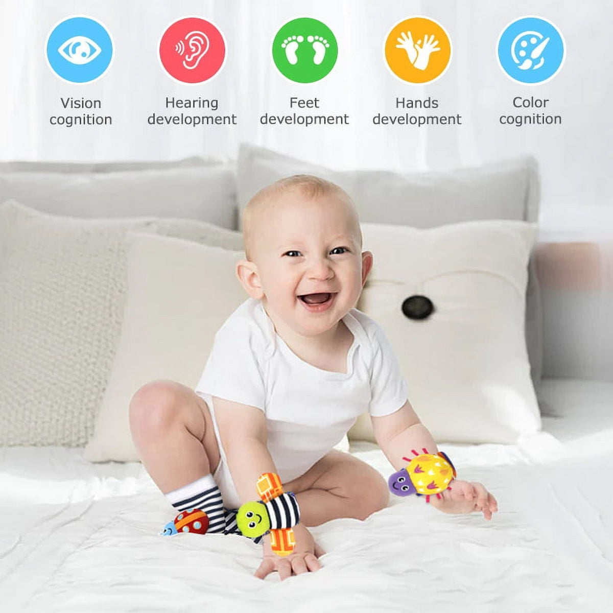 VONTER Foot Finder Socks & Wrist Rattles - Toys for Baby Boy or Girl - Brain Development Toys - Hand and Foot Rattles Suitable for 0-3, 3-6, 6-12 Months Babies