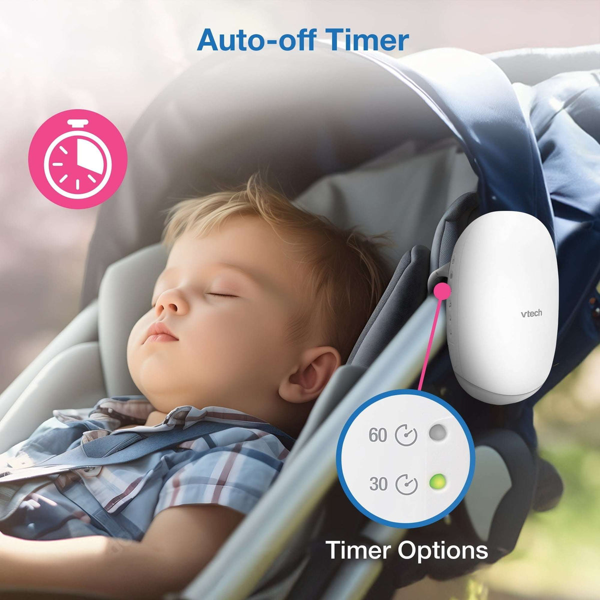VTech V-Hush Rocker Sound and Motion Stroller Soother for gentle rocking motions with night light. The VTech BC8611 in white for your infant and toddlers soothing comfort.