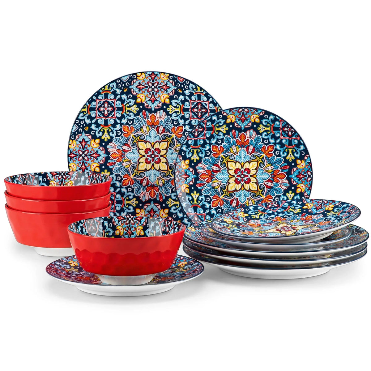 Malacasa 12 Pcs Dinnerware Sets, Ceramic Plates and Bowls Set, Porcelain Tableware Dishwasher Microwave Safe, Serves for 4 People, Bohemian Dark Blue