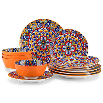 Malacasa 12 Pcs Dinnerware Sets, Ceramic Plates and Bowls Set, Porcelain Tableware Dishwasher Microwave Safe, Serves for 4 People, Bohemian Dark Blue