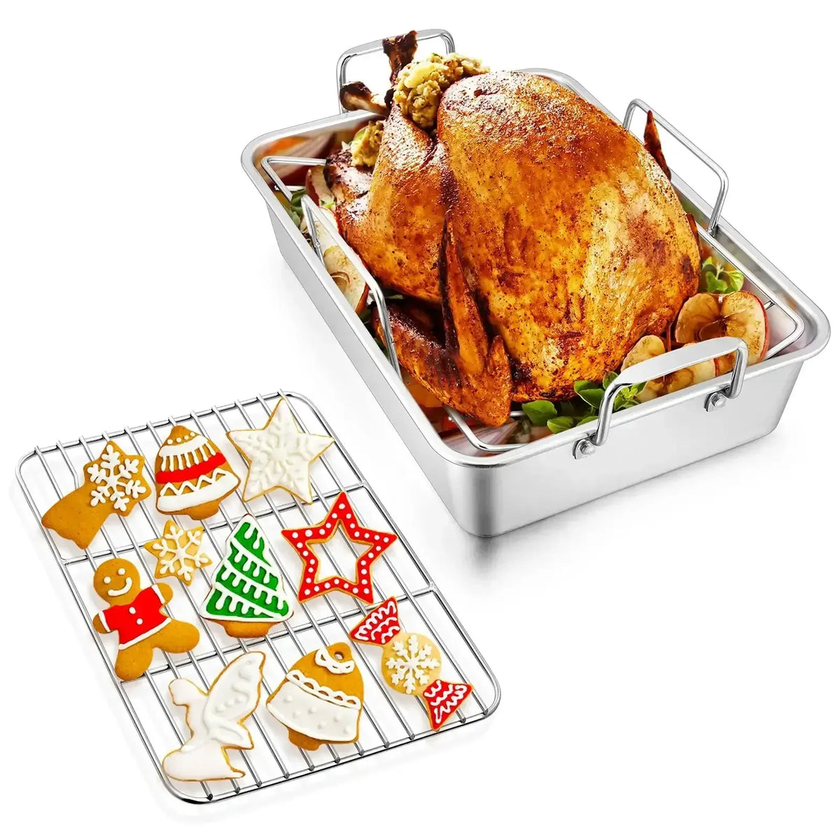 VeSteel 16'' x 11.5'' Roasting Pan with Rack, Stainless Steel Turkey Roaster Include Deep Lasagna Pan & V-Shaped Rack & Roasting Rack, Heavy Duty & Dishwasher Safe