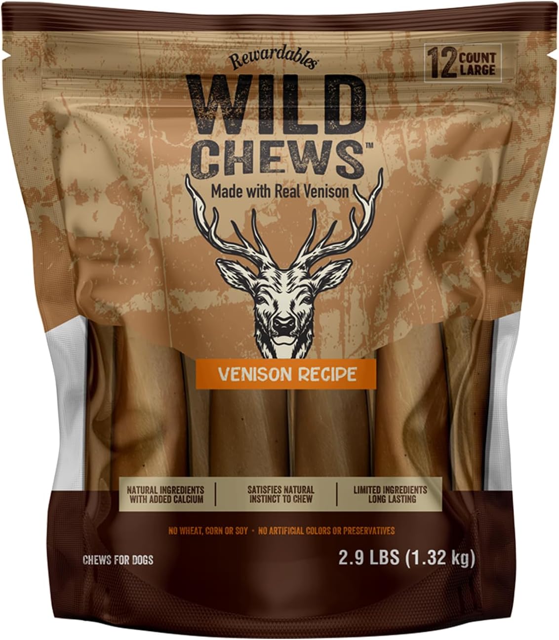 | Wild Chews | Venison Recipe, Made with Real Venison, Limited Ingredient, Long Lasting Chews for Large Dogs | 12 Count
