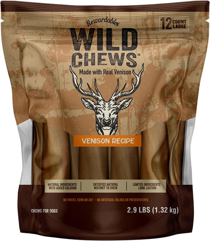 | Wild Chews | Venison Recipe, Made with Real Venison, Limited Ingredient, Long Lasting Chews for Large Dogs | 12 Count