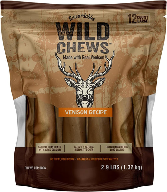 | Wild Chews | Venison Recipe, Made with Real Venison, Limited Ingredient, Long Lasting Chews for Large Dogs | 12 Count