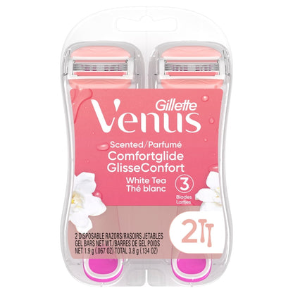 Venus ComfortGlide 3 White Tea Women's 3 Blade Disposable Razor, 2 count, Pink