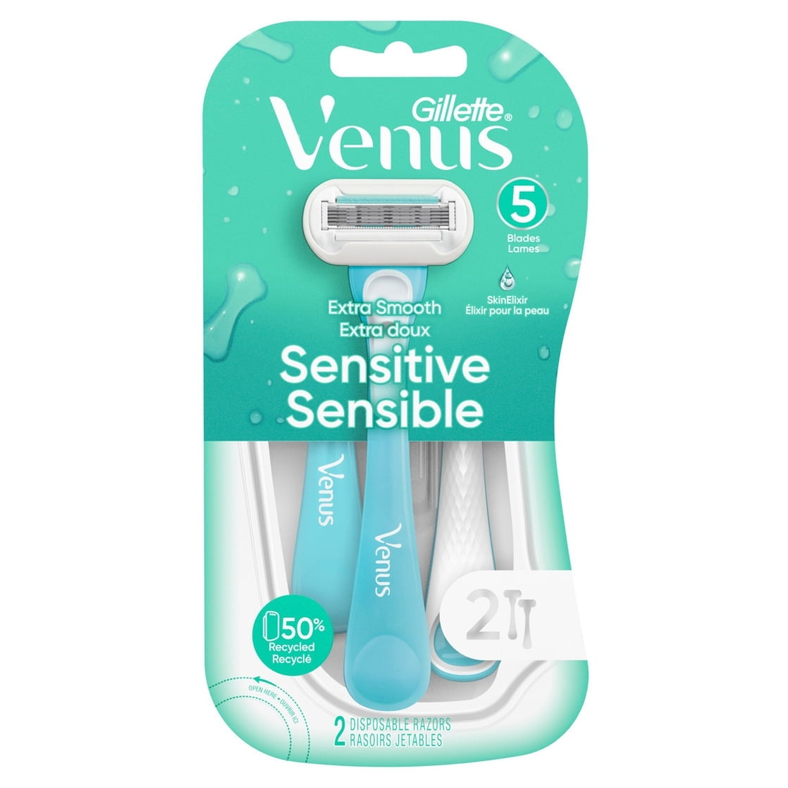 Venus Extra Smooth Sensitive Women's 5 Blade Disposable Razor, 2 count, Blue