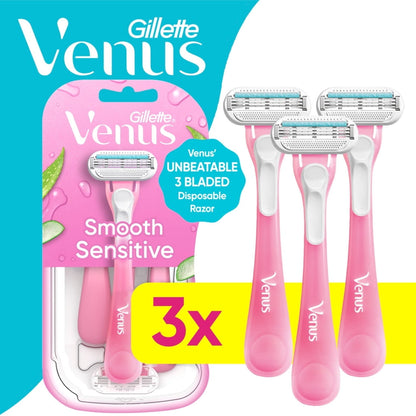 Venus Sensitive Women's 3 Blade Disposable Razor, 3 count, Pink