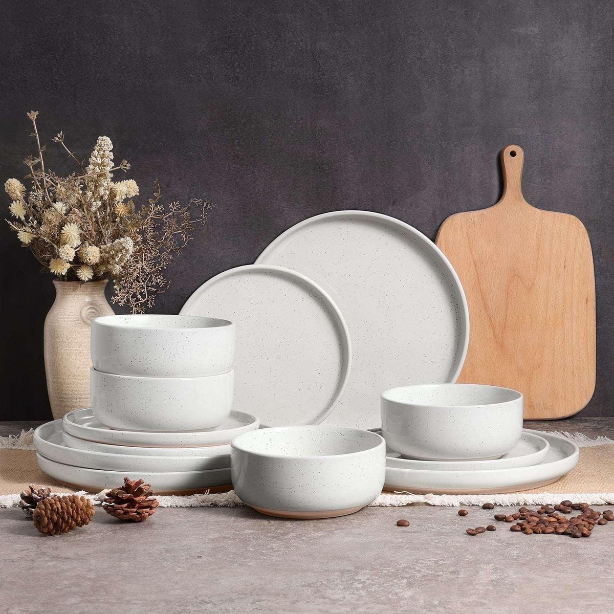 Vesteel 12-Piece Dinnerware set, Ceramic Plates and Bowls set for 4, Speckled Stoneware Dishes Set for Family, Microwave & Dishwasher Safe - Cappuccino Brown