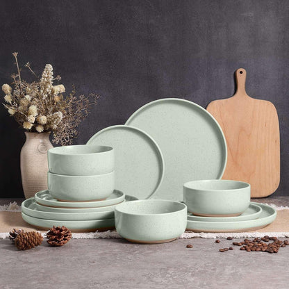 Vesteel 12-Piece Dinnerware set, Ceramic Plates and Bowls set for 4, Speckled Stoneware Dishes Set for Family, Microwave & Dishwasher Safe - Cappuccino Brown