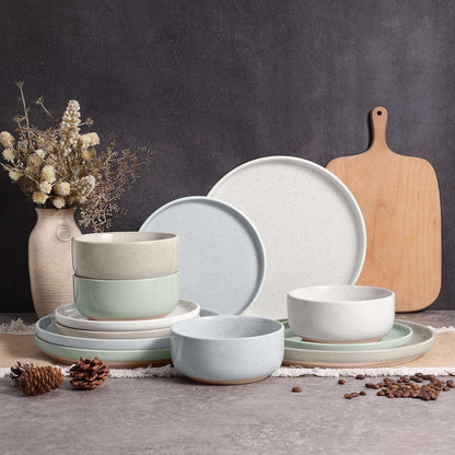 Vesteel 12-Piece Dinnerware set, Ceramic Plates and Bowls set for 4, Speckled Stoneware Dishes Set for Family, Microwave & Dishwasher Safe - Cappuccino Brown