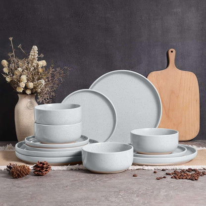 Vesteel 12-Piece Dinnerware set, Ceramic Plates and Bowls set for 4, Speckled Stoneware Dishes Set for Family, Microwave & Dishwasher Safe - Cappuccino Brown