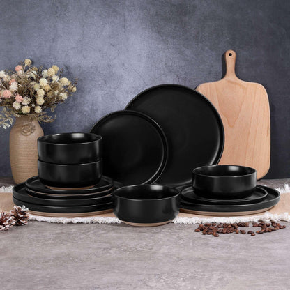 Vesteel 12-Piece Dinnerware set, Ceramic Plates and Bowls set for 4, Speckled Stoneware Dishes Set for Family, Microwave & Dishwasher Safe - Cappuccino Brown