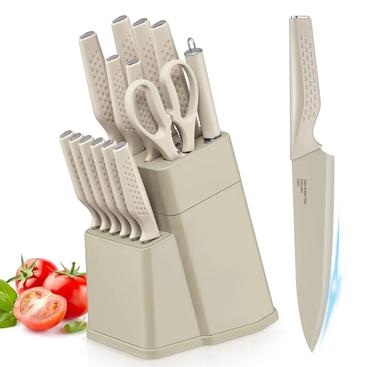 Vesteel Knife Block Set for Kitchen, 15-Piece High Carbon Stainless Steel Knives Set with Ergonomic Handle, Ultra-sharp & Rust Resistant