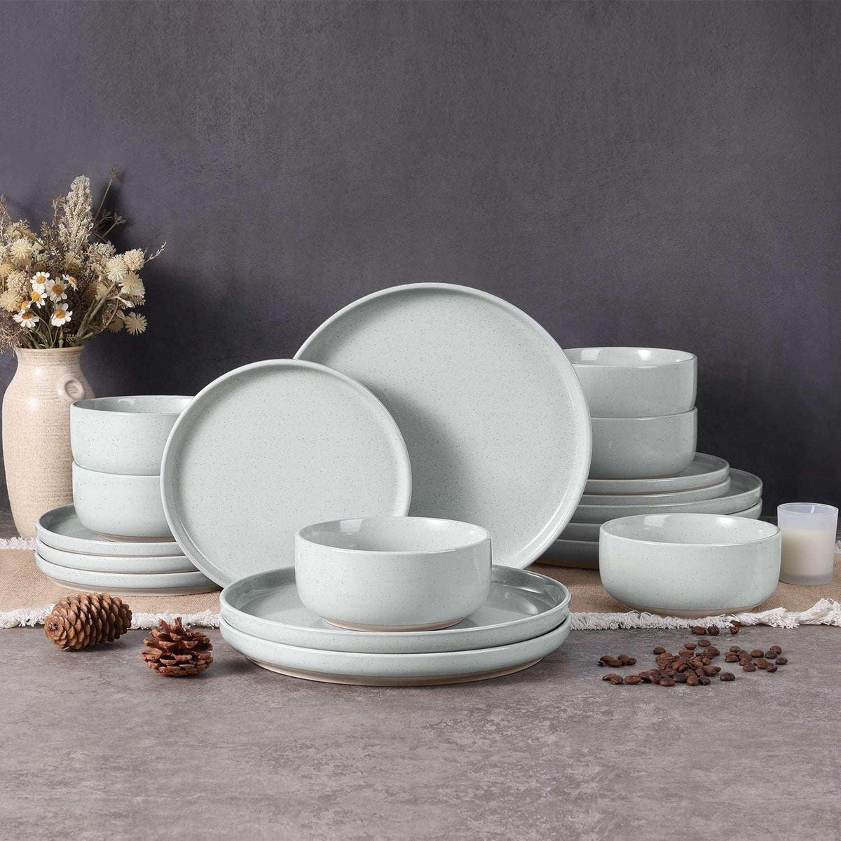 Vesteel 18-Piece Dinnerware Set, Ceramic Plates and Bowls Set for 6, Speckled Stoneware Dishes Set for Family, Microwave & Dishwasher Safe - Cappuccino Brown