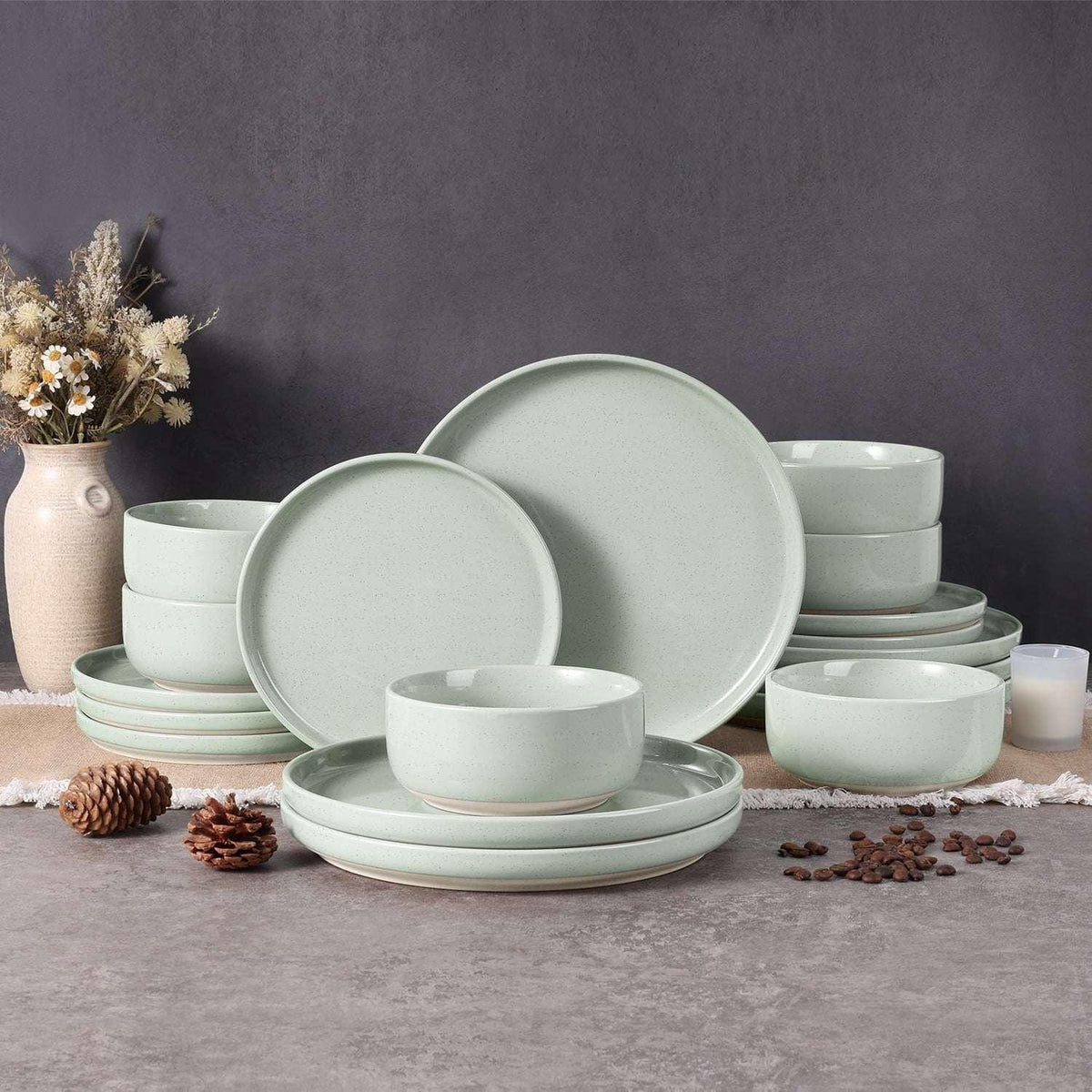 Vesteel 18-Piece Dinnerware Set, Ceramic Plates and Bowls Set for 6, Speckled Stoneware Dishes Set for Family, Microwave & Dishwasher Safe - Cappuccino Brown