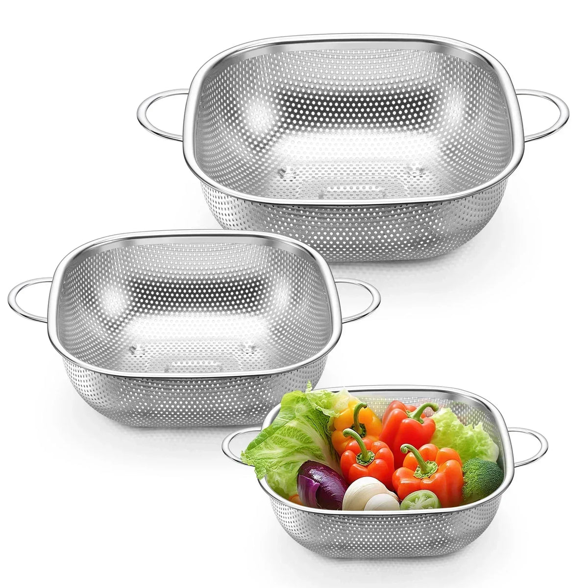 VeSteel Colander Set of 3, Stainless Steel Micro-Perforated Colanders Strainers for Draining Rinsing Washing, Ideal for Pasta Vegetables Fruits, Heavy Duty & Dishwasher Safe