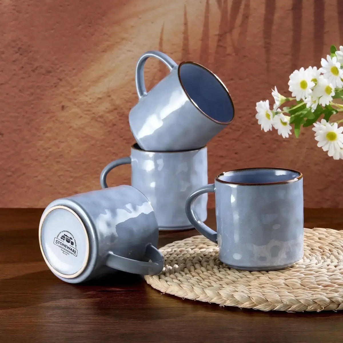 Vesteel Coffee Mug Set of 4, Ceramic Coffee Cups with Handles, 14oz Stoneware Mugs Set for Coffee Tea Milk, Wave Design Mug Gifts for Home Office Restaurant