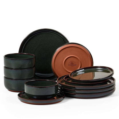 Vesteel 12-Piece Dinnerware set, Ceramic Plates and Bowls set for 4, Speckled Stoneware Dishes Set for Family, Microwave & Dishwasher Safe - Cappuccino Brown