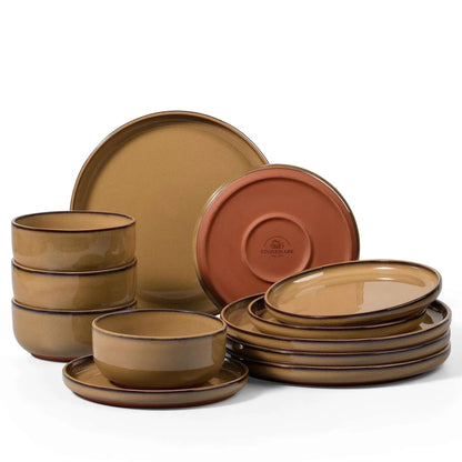 Vesteel 12-Piece Dinnerware set, Ceramic Plates and Bowls set for 4, Speckled Stoneware Dishes Set for Family, Microwave & Dishwasher Safe - Cappuccino Brown