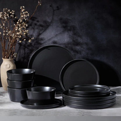 Vesteel Dinnerware Sets for 4, 12-Pieces Ceramic Plates and Bowls Sets, Handmade Reactive Glaze Dishes Set for Kitchen Dining, Dishwasher Safe, Khaki