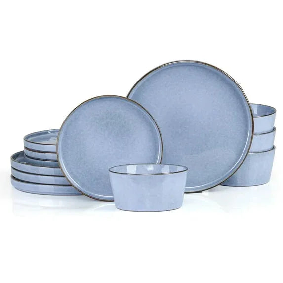 Vesteel Dinnerware Sets for 4, 12-Pieces Ceramic Plates and Bowls Sets, Handmade Reactive Glaze Dishes Set for Kitchen Dining, Dishwasher Safe, Khaki