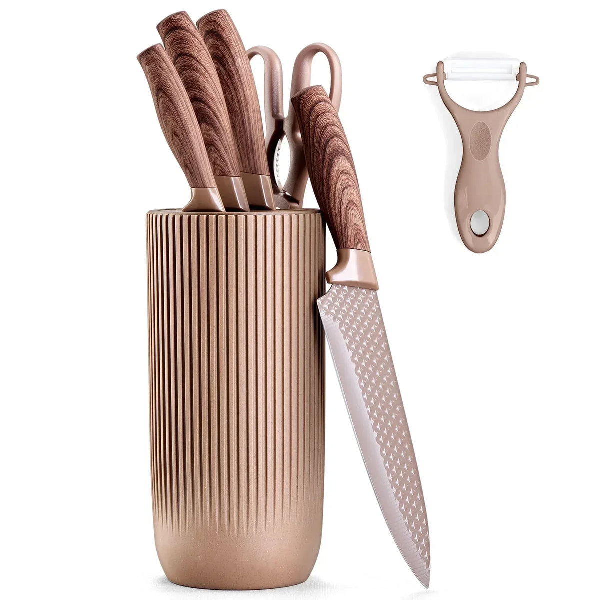 Vesteel Kitchen Knife Set of 7, Professional Stainless Steel Knives Set for Kitchen with Universal Knife Block - Khaki