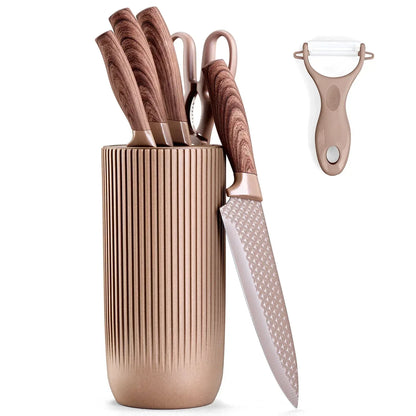 Vesteel Kitchen Knife Set of 7, Professional Stainless Steel Knives Set for Kitchen with Universal Knife Block - Khaki
