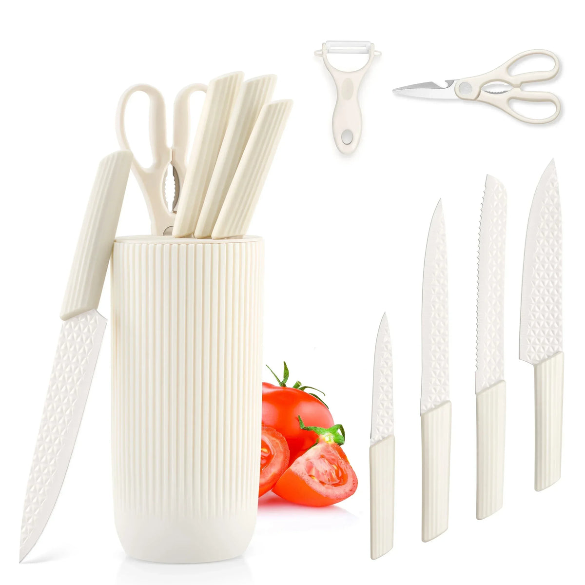 Vesteel Kitchen Knife Set of 7, Professional Stainless Steel Knives Set for Kitchen with Universal Knife Block - Khaki