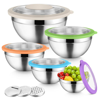 Vesteel Mixing Bowls with Lids Set of 8, Stainless Steel Prep Bowls with Upgraded Airtight Visible Lid, Metal Nesting Bowl Attach with 3 Graters for Kitchen Grating/ Shredding / Mixing