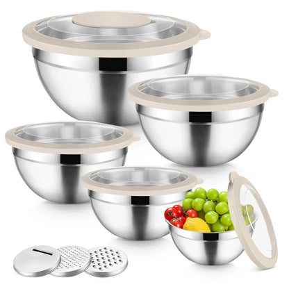 Vesteel Mixing Bowls with Lids Set of 8, Stainless Steel Prep Bowls with Upgraded Airtight Visible Lid, Metal Nesting Bowl Attach with 3 Graters for Kitchen Grating/ Shredding / Mixing