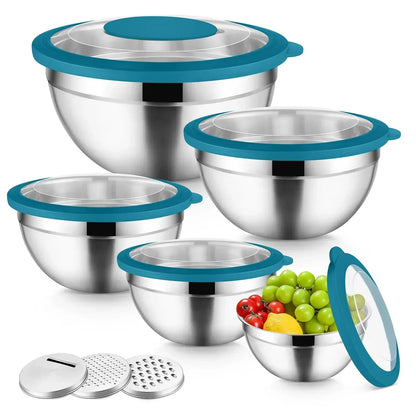 Vesteel Mixing Bowls with Lids Set of 8, Stainless Steel Prep Bowls with Upgraded Airtight Visible Lid, Metal Nesting Bowl Attach with 3 Graters for Kitchen Grating/ Shredding / Mixing