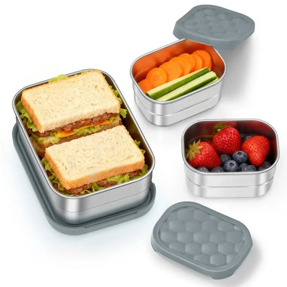 Vesteel Stainless Steel Lunch Container Set, Leak Proof Bento Box with Silicone Lids, Portable Metal Lunch Box for School and Daycare(25OZ + 8OZ*2), Grey