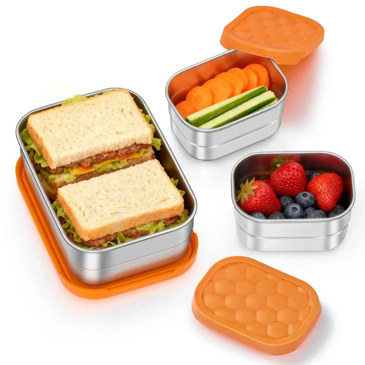 Vesteel Stainless Steel Lunch Container Set, Leak Proof Bento Box with Silicone Lids, Portable Metal Lunch Box for School and Daycare(25OZ + 8OZ*2), Grey