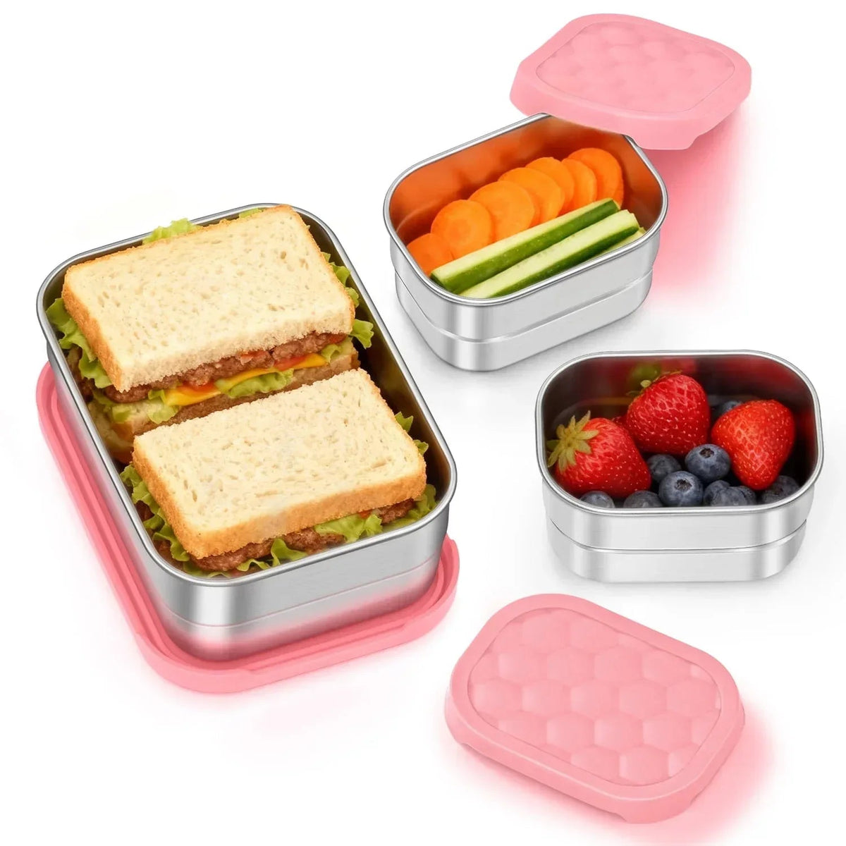 Vesteel Stainless Steel Lunch Container Set, Leak Proof Bento Box with Silicone Lids, Portable Metal Lunch Box for School and Daycare(25OZ + 8OZ*2), Grey