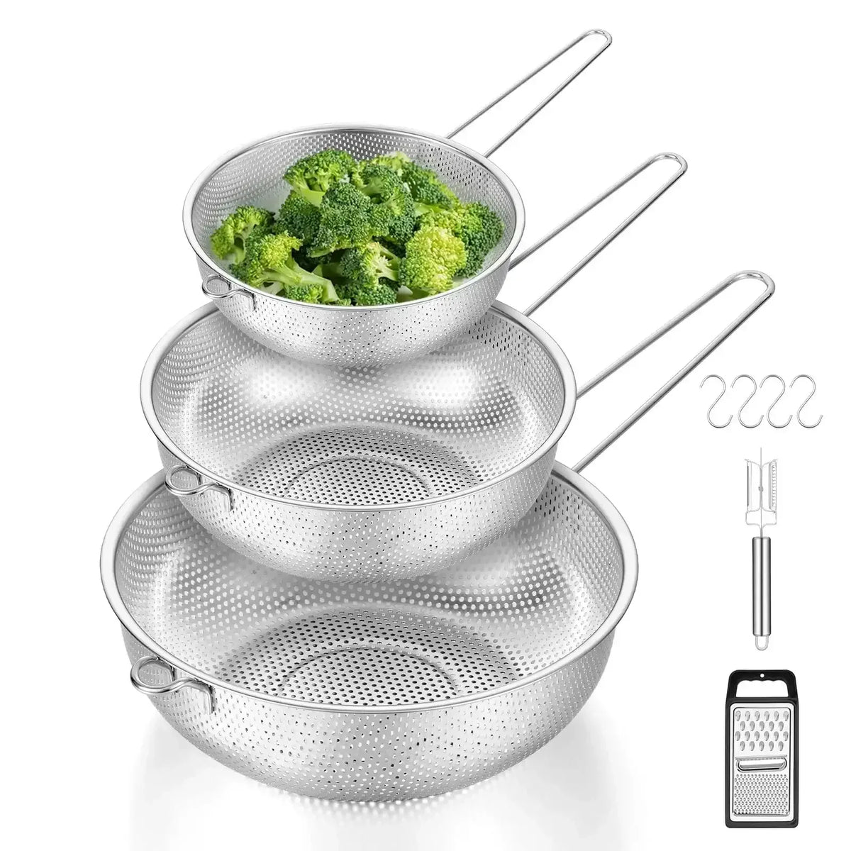 VeSteel Colander Set of 3, Stainless Steel Micro-Perforated Colanders Strainers for Draining Rinsing Washing, Ideal for Pasta Vegetables Fruits, Heavy Duty & Dishwasher Safe