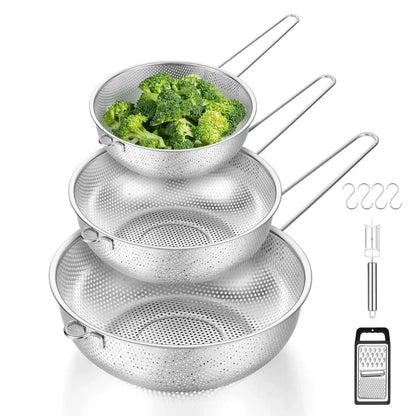 VeSteel Colander Set of 3, Stainless Steel Micro-Perforated Colanders Strainers for Draining Rinsing Washing, Ideal for Pasta Vegetables Fruits, Heavy Duty & Dishwasher Safe