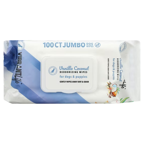 (18 pack) Vibrant Life Vanilla Coconut Deodorizing Wipes for Dogs & Puppies, 20 Count