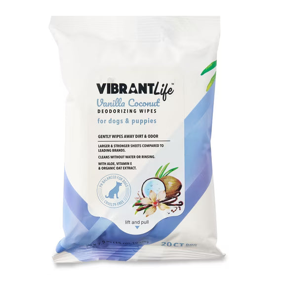 (18 pack) Vibrant Life Vanilla Coconut Deodorizing Wipes for Dogs & Puppies, 20 Count
