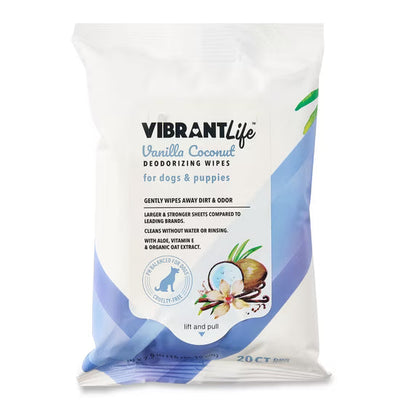 (18 pack) Vibrant Life Vanilla Coconut Deodorizing Wipes for Dogs & Puppies, 20 Count