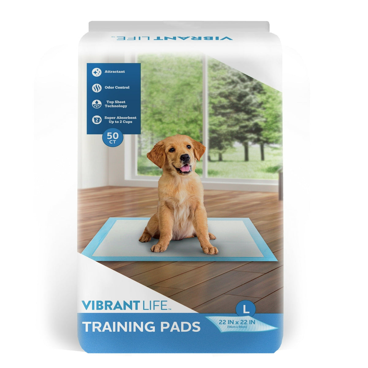 Vibrant Life Training Pads – Super Absorbent, Leak Proof, & Fast Dry Dog and Puppy Pee Pads – L 22 in x 22 in, 50 Count