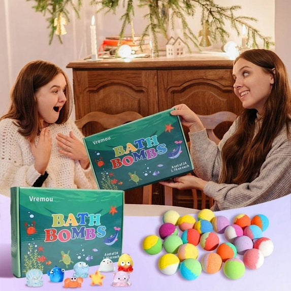Vremou Kids Bath Bombs, 24 Pack Bath Bombs for Kids with Surprise Inside, Natural Organic Kids Bubble Bath Fizzy for Girls Boys with Bath Toys Inside