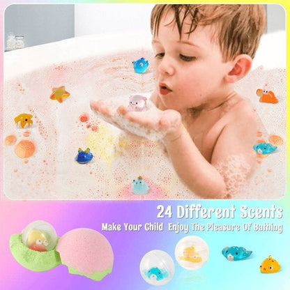 Vremou Kids Bath Bombs, 24 Pack Bath Bombs for Kids with Surprise Inside, Natural Organic Kids Bubble Bath Fizzy for Girls Boys with Bath Toys Inside