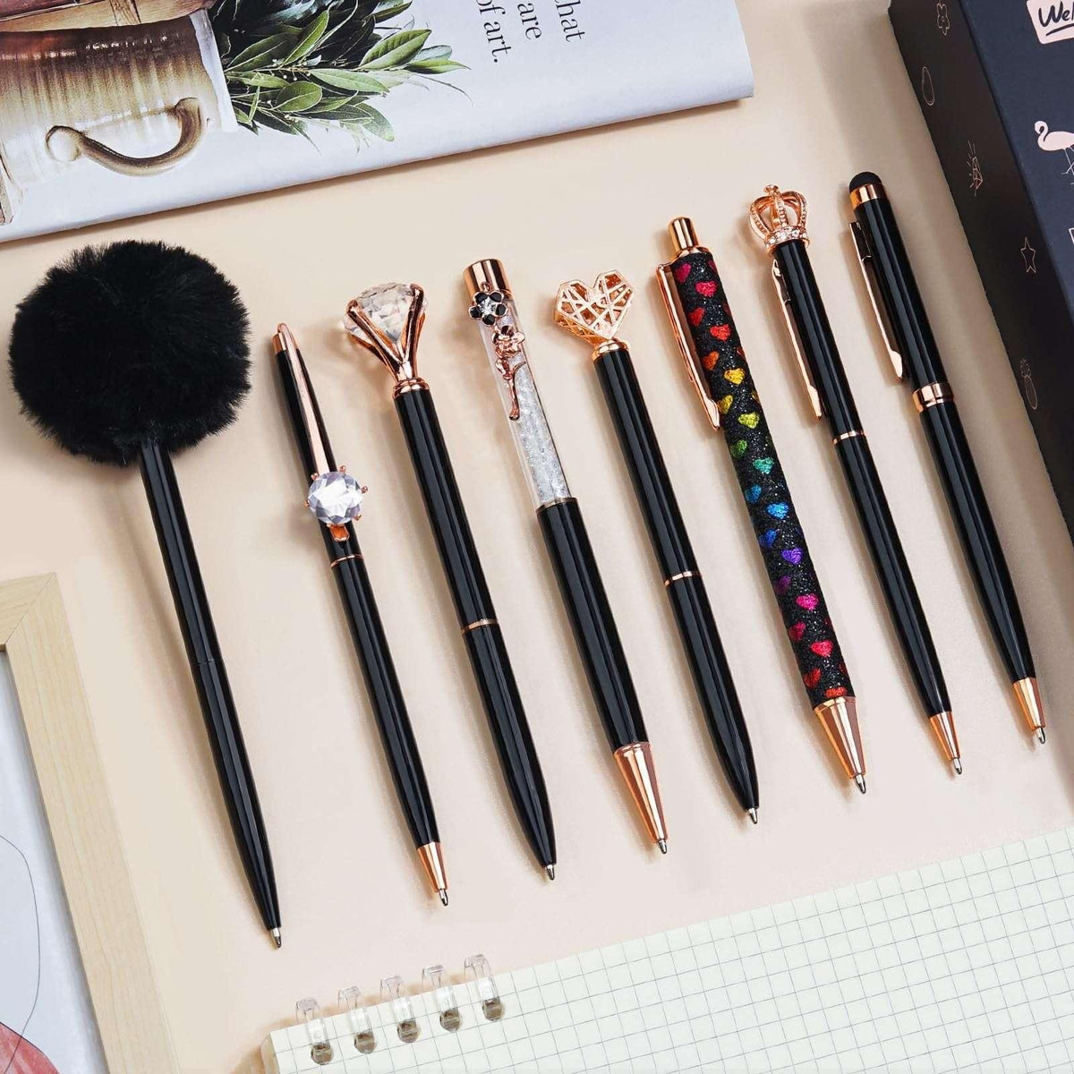 WEMATE 8Pcs Set for Journaling, Glitter Fancy Pens Gifts for Women, Office Black