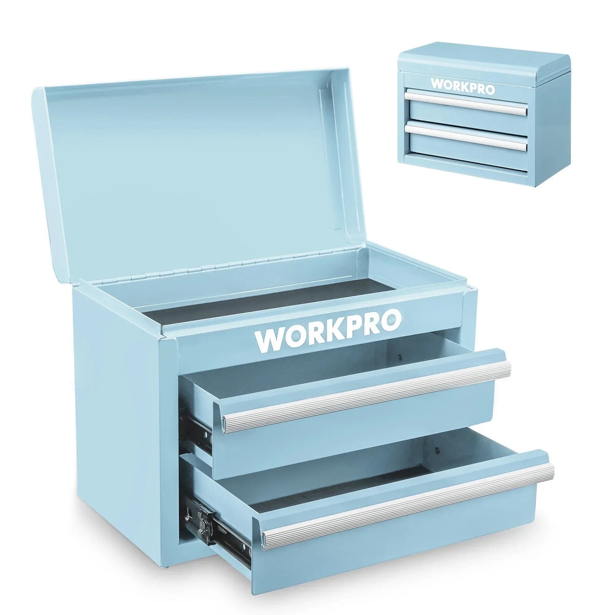 WORKPRO Mini Metal Tool Box with 2 Drawers and Top Storage, Small Tool Chest with PVC Liners and PP Feet Pads, Cold Rolled Steel Toolbox with Magnetic Tab, Blue