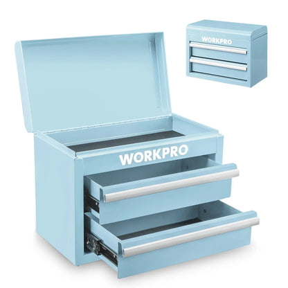 WORKPRO Mini Metal Tool Box with 2 Drawers and Top Storage, Small Tool Chest with PVC Liners and PP Feet Pads, Cold Rolled Steel Toolbox with Magnetic Tab, Blue