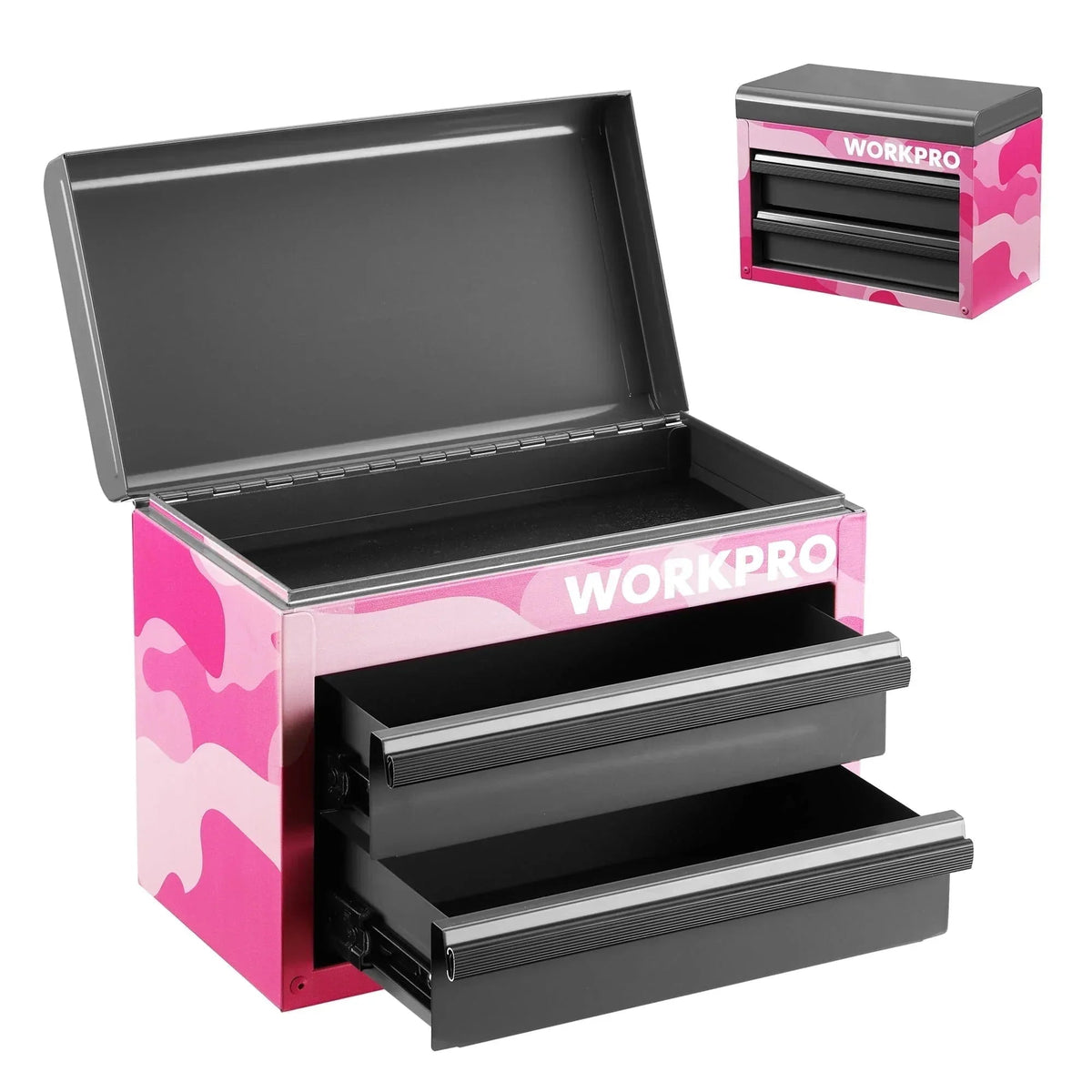 WORKPRO Mini Metal Tool Box with 2 Drawers and Top Storage, Small Tool Chest with PVC Liners and PP Feet Pads, Cold Rolled Steel Toolbox with Magnetic Tab, Blue