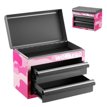 WORKPRO Mini Metal Tool Box with 2 Drawers and Top Storage, Small Tool Chest with PVC Liners and PP Feet Pads, Cold Rolled Steel Toolbox with Magnetic Tab, Blue