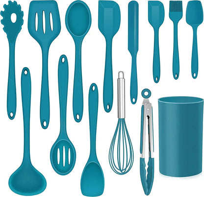 Walchoice 14 Pcs Cooking Utensils Set with Holder, Heat Resistant Silicone Kitchen Cookware Utensils Set, Kitchen Cooking Tools Includes Spatula Spoon Turner Whisk Tong, Dishwasher safe, Black